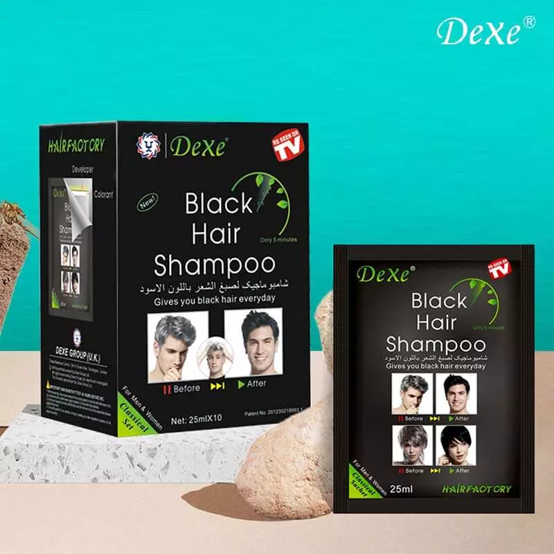 Dexe Black Hair Shampoo - Professional packaging showing box and individual sachet with before and after results